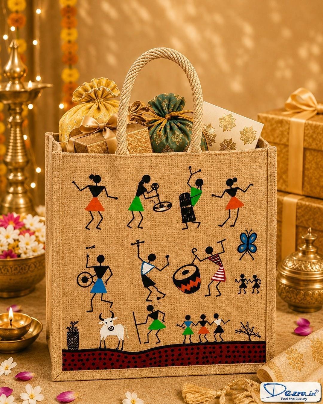 Warli Print Jute Return Gift Bags | Perfect for Every Celebration - Image 4