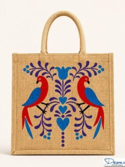 Madhubani Parrot Print Jute Return Gift Bags | Eco-Friendly Custom Bags for Weddings, Pooja & All Events