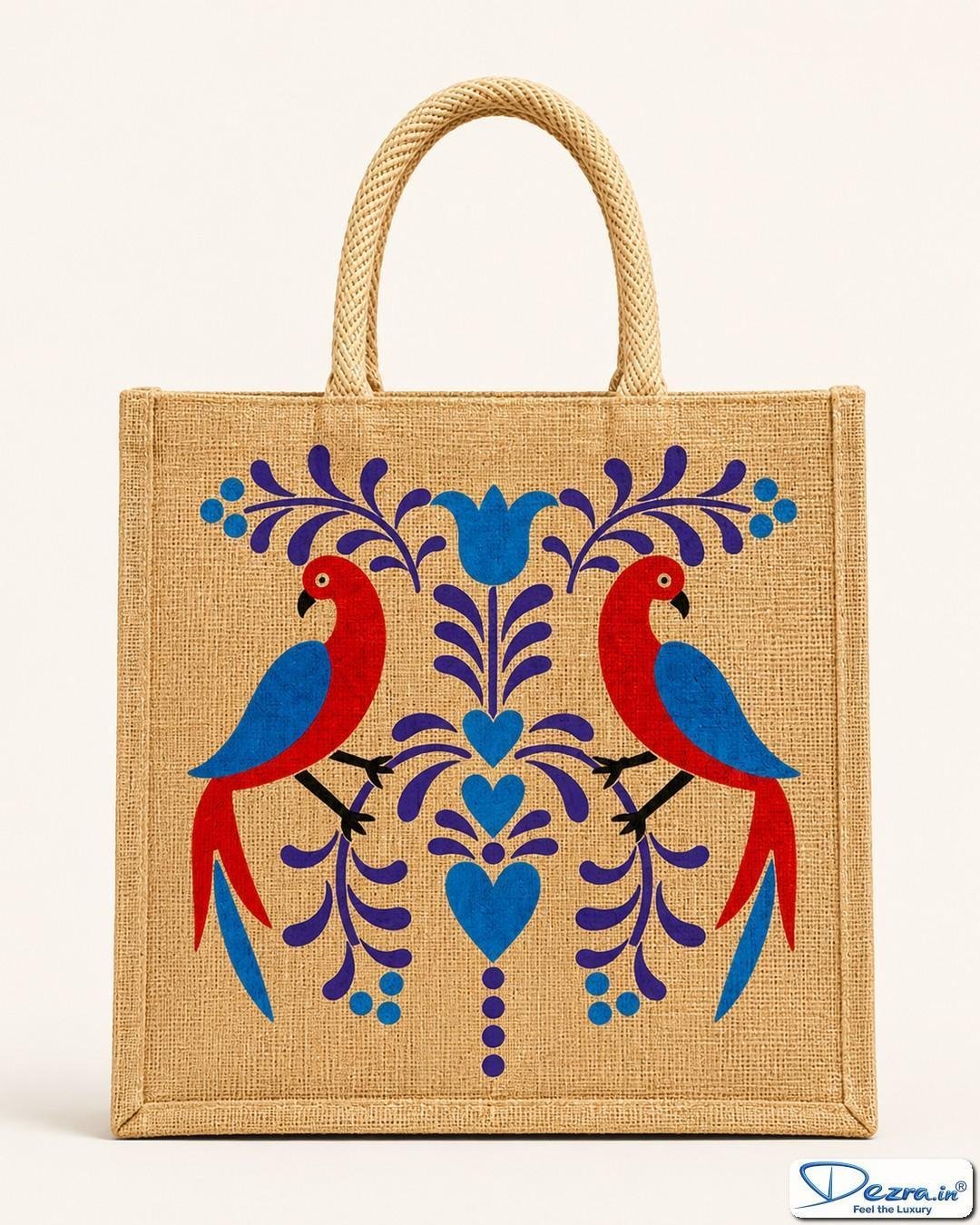 Madhubani Parrot Print Jute Return Gift Bags | Eco-Friendly Custom Bags for Weddings, Pooja & All Events