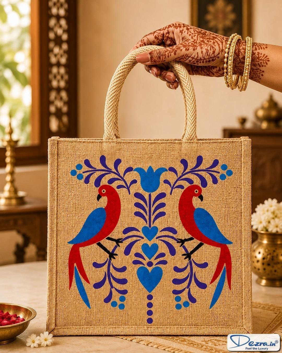 Madhubani Parrot Print Jute Return Gift Bags | Eco-Friendly Custom Bags for Weddings, Pooja & All Events - Image 2