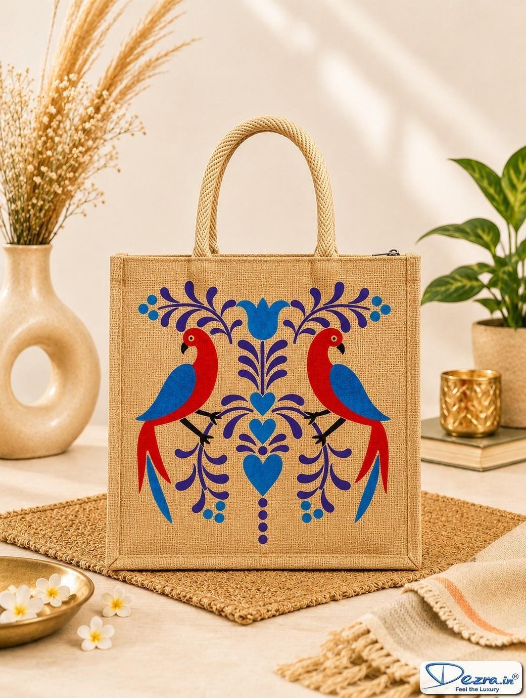 Madhubani Parrot Print Jute Return Gift Bags | Eco-Friendly Custom Bags for Weddings, Pooja & All Events - Image 3