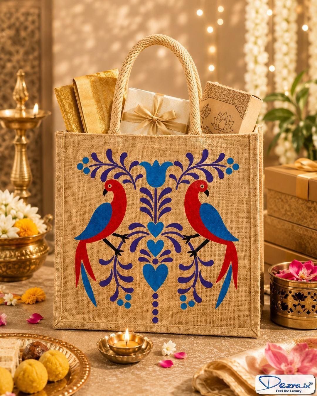 Madhubani Parrot Print Jute Return Gift Bags | Eco-Friendly Custom Bags for Weddings, Pooja & All Events - Image 4