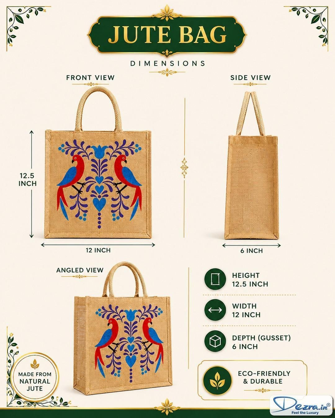 Madhubani Parrot Print Jute Return Gift Bags | Eco-Friendly Custom Bags for Weddings, Pooja & All Events - Image 5