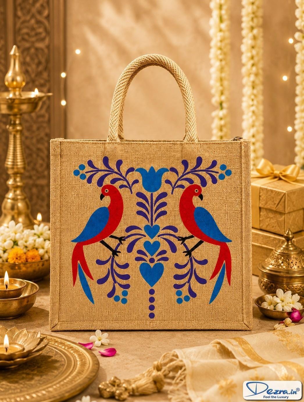 Madhubani Parrot Print Jute Return Gift Bags | Eco-Friendly Custom Bags for Weddings, Pooja & All Events - Image 6