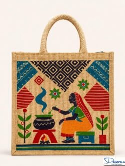 Traditional Village Life Print Jute Return Gift Bags | Eco-Friendly Bags for Weddings, Pooja & All Events