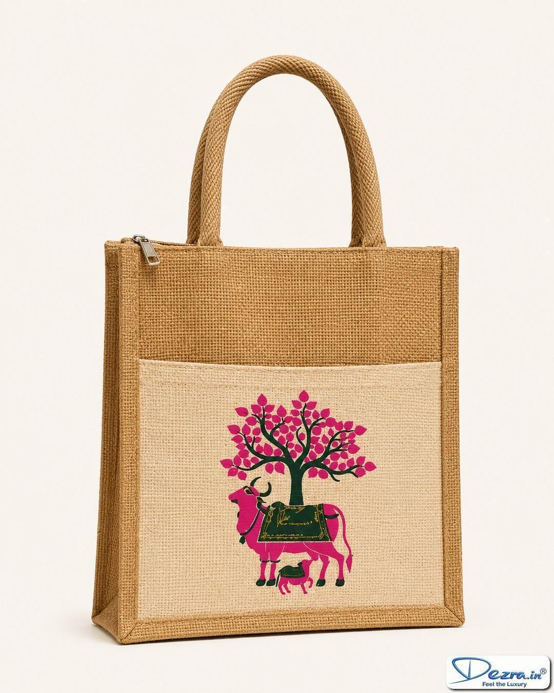 Pichwai Print Jute Return Gift Bags with Pocket & Zipper | Eco-Friendly Custom Bags for Weddings, Pooja & All Events