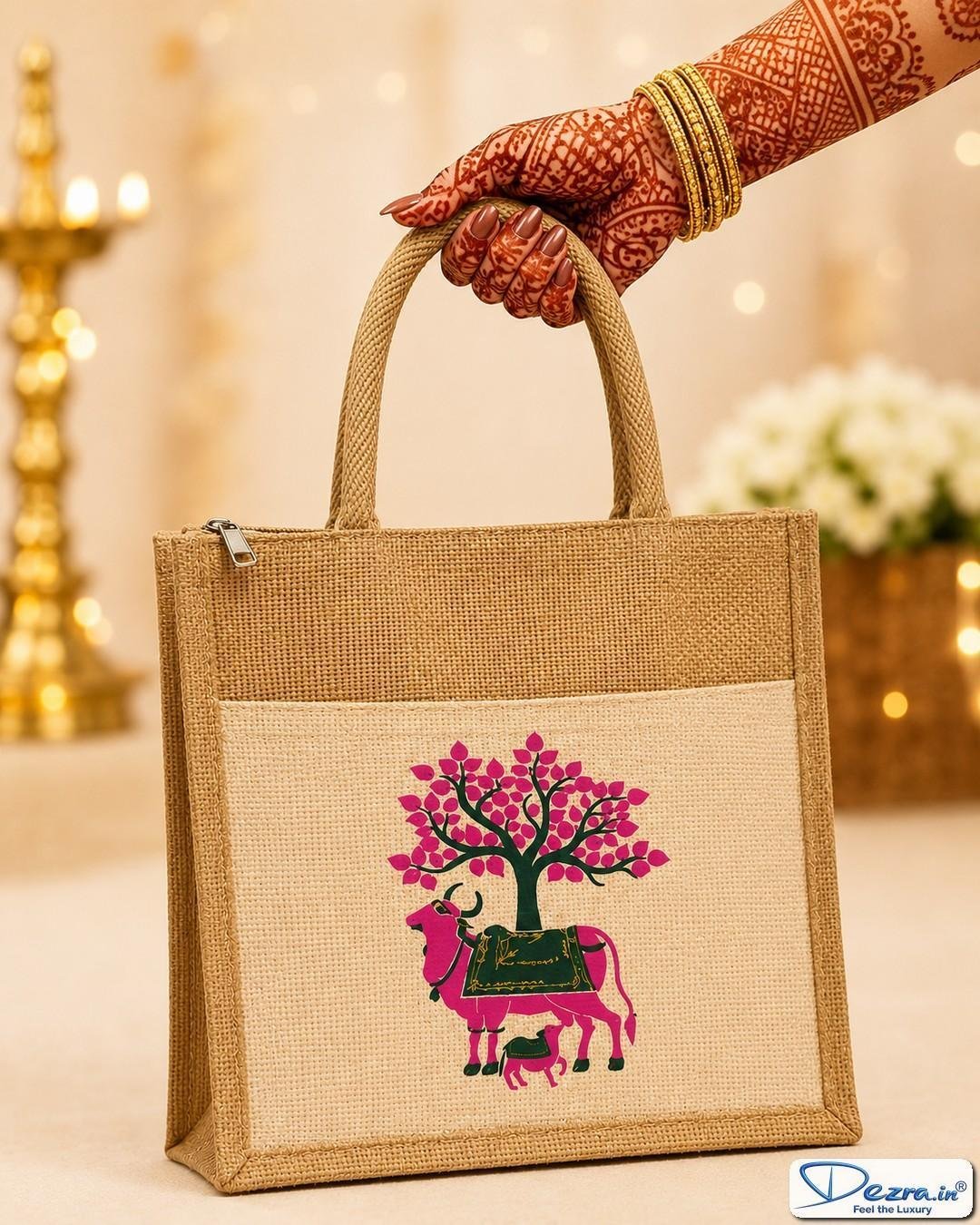 Pichwai Print Jute Return Gift Bags with Pocket & Zipper | Eco-Friendly Custom Bags for Weddings, Pooja & All Events - Image 2