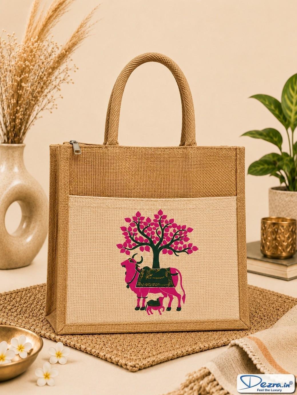 Pichwai Print Jute Return Gift Bags with Pocket & Zipper | Eco-Friendly Custom Bags for Weddings, Pooja & All Events - Image 3