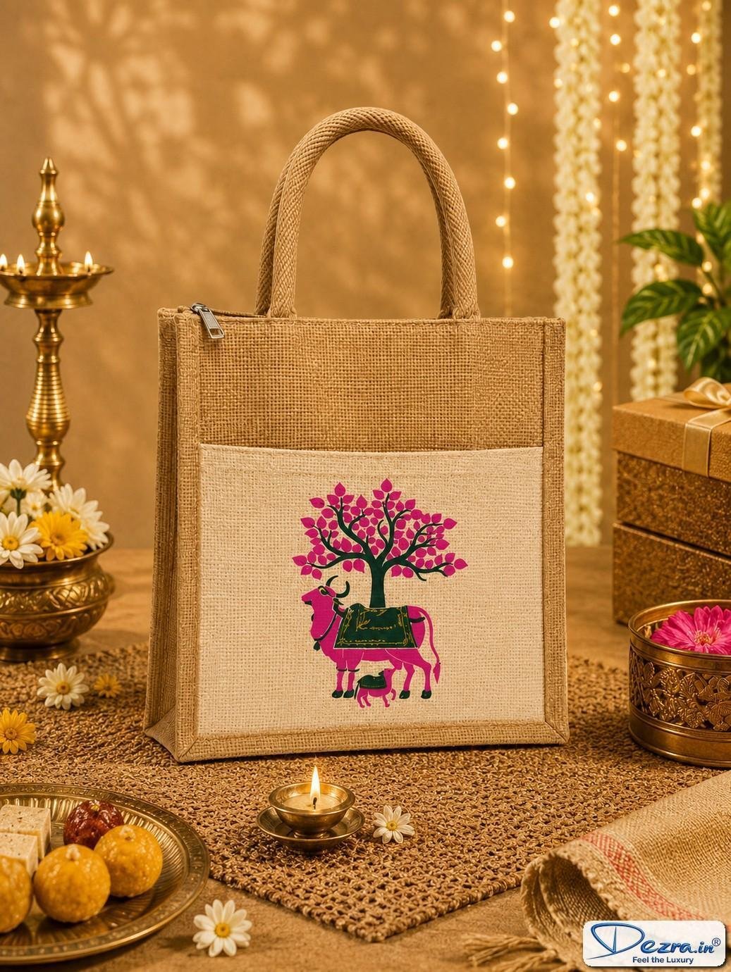 Pichwai Print Jute Return Gift Bags with Pocket & Zipper | Eco-Friendly Custom Bags for Weddings, Pooja & All Events - Image 4