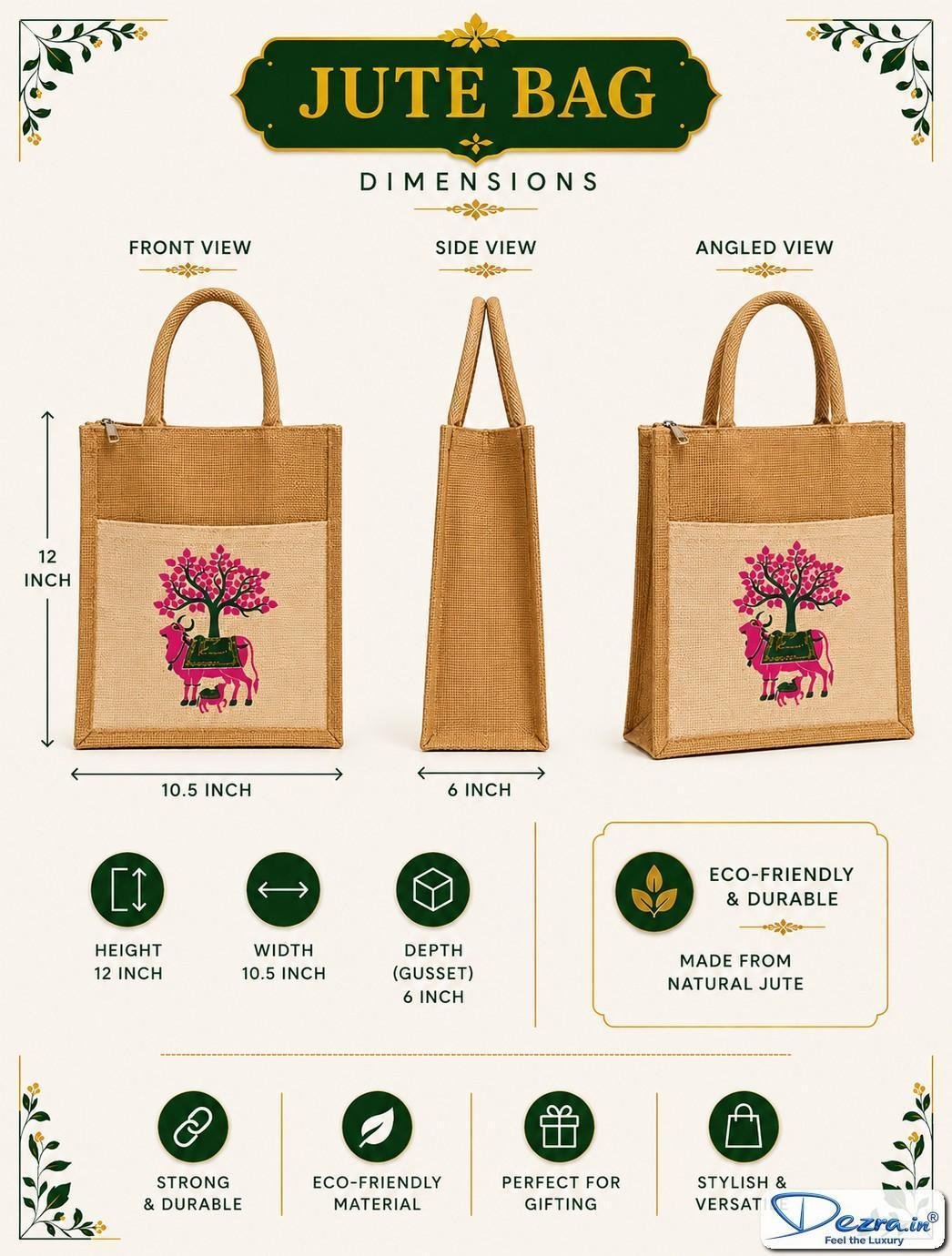 Pichwai Print Jute Return Gift Bags with Pocket & Zipper | Eco-Friendly Custom Bags for Weddings, Pooja & All Events - Image 5