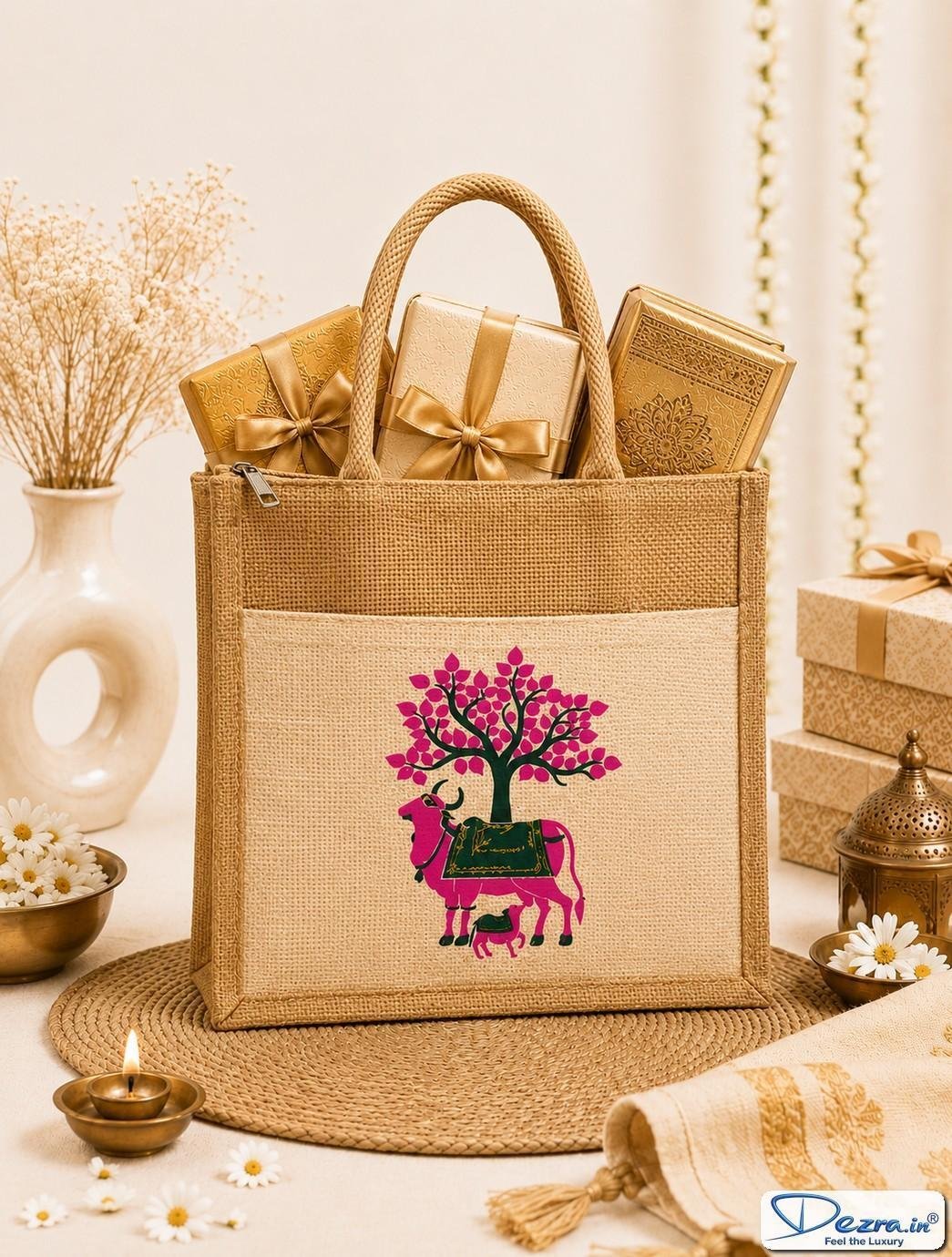 Pichwai Print Jute Return Gift Bags with Pocket & Zipper | Eco-Friendly Custom Bags for Weddings, Pooja & All Events - Image 6