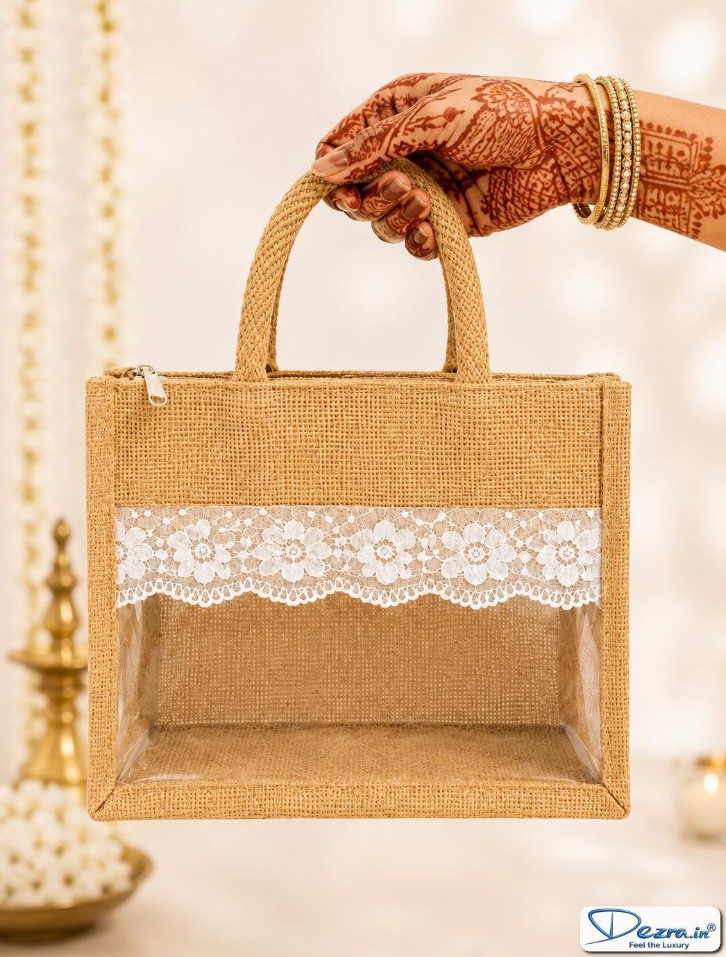 Jute Gift Bags with Transparent PVC Window | Custom Return Gift Bags - Image 2