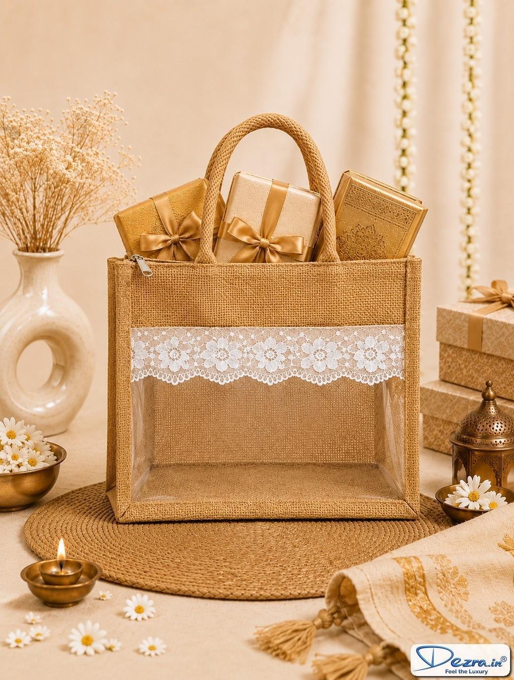 Jute Gift Bags with Transparent PVC Window | Custom Return Gift Bags - Image 6