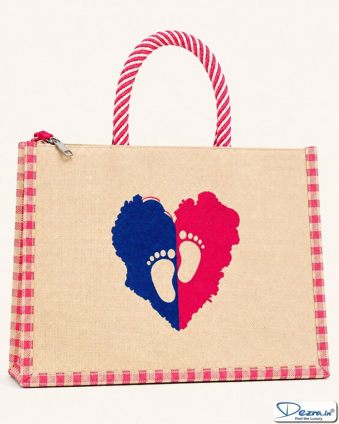 Baby Footprint Heart Print Jute Return Gift Bags | Premium Eco-Friendly Custom Baby Shower & Naming Ceremony Gift Bags