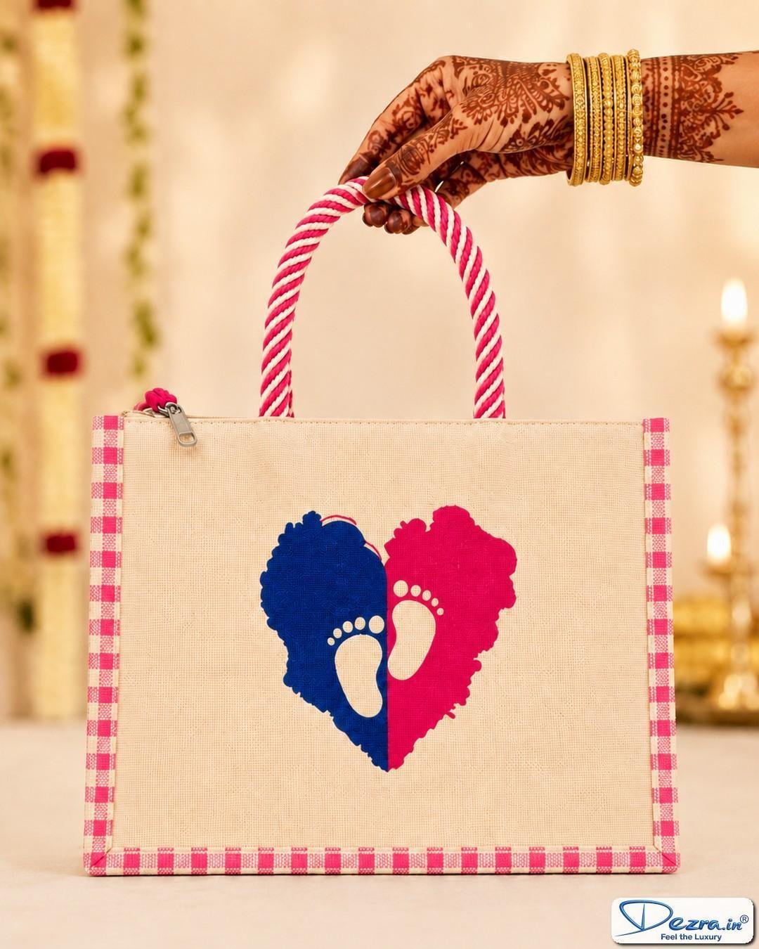 Baby Footprint Heart Print Jute Return Gift Bags | Premium Eco-Friendly Custom Baby Shower & Naming Ceremony Gift Bags - Image 2