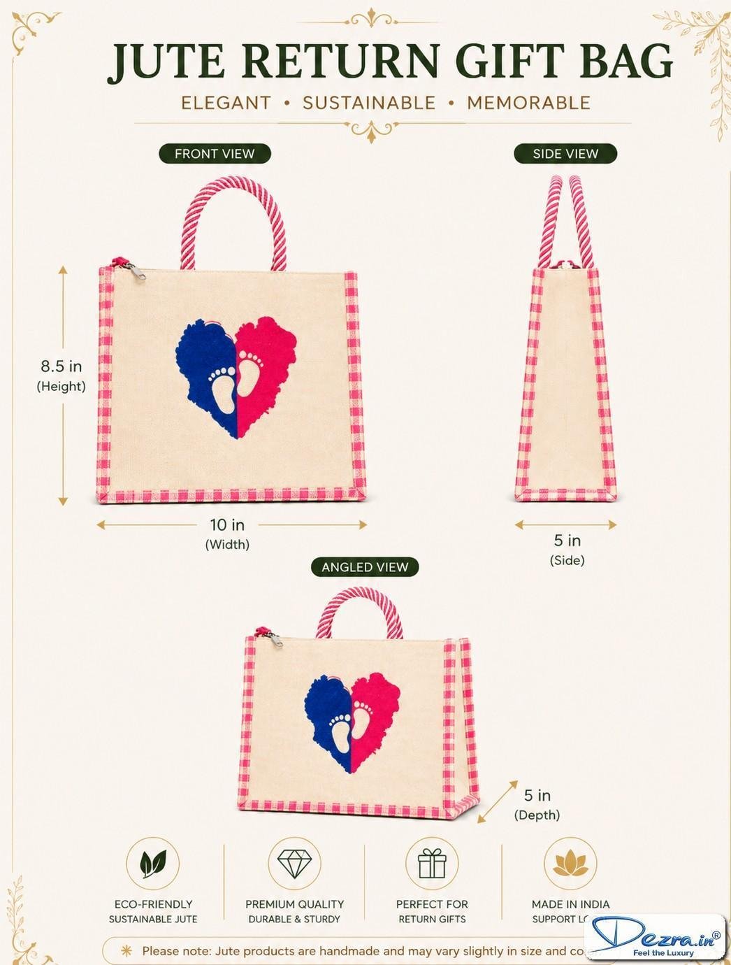 Baby Footprint Heart Print Jute Return Gift Bags | Premium Eco-Friendly Custom Baby Shower & Naming Ceremony Gift Bags - Image 3