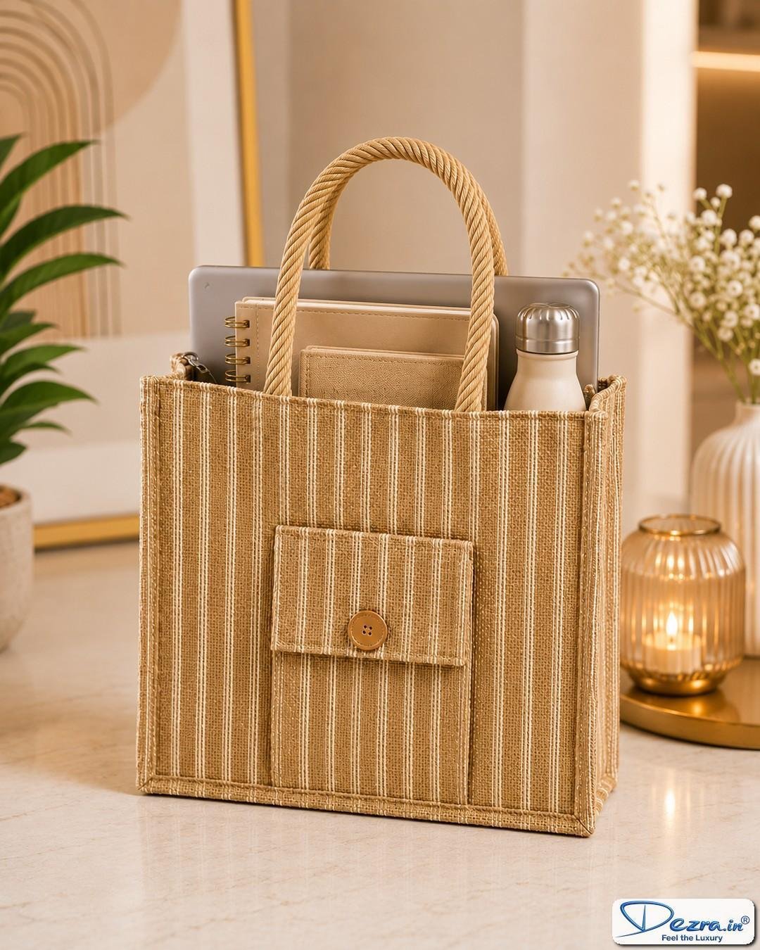 Premium Striped Jute Return Gift Bags with Pocket & Zipper | Eco-Friendly Custom Bags for All Events & Functions - Image 4
