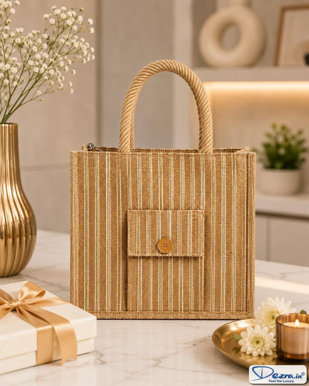 Premium Striped Jute Return Gift Bags with Pocket & Zipper | Eco-Friendly Custom Bags for All Events & Functions - Image 5