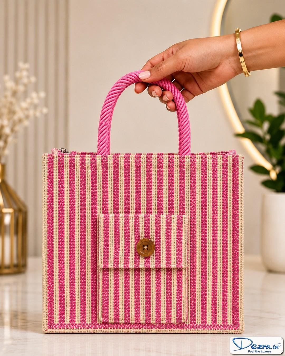 Premium Striped Jute Return Gift Bags with Pocket & Zipper | Eco-Friendly Custom Bags for All Events & Functions - Image 2