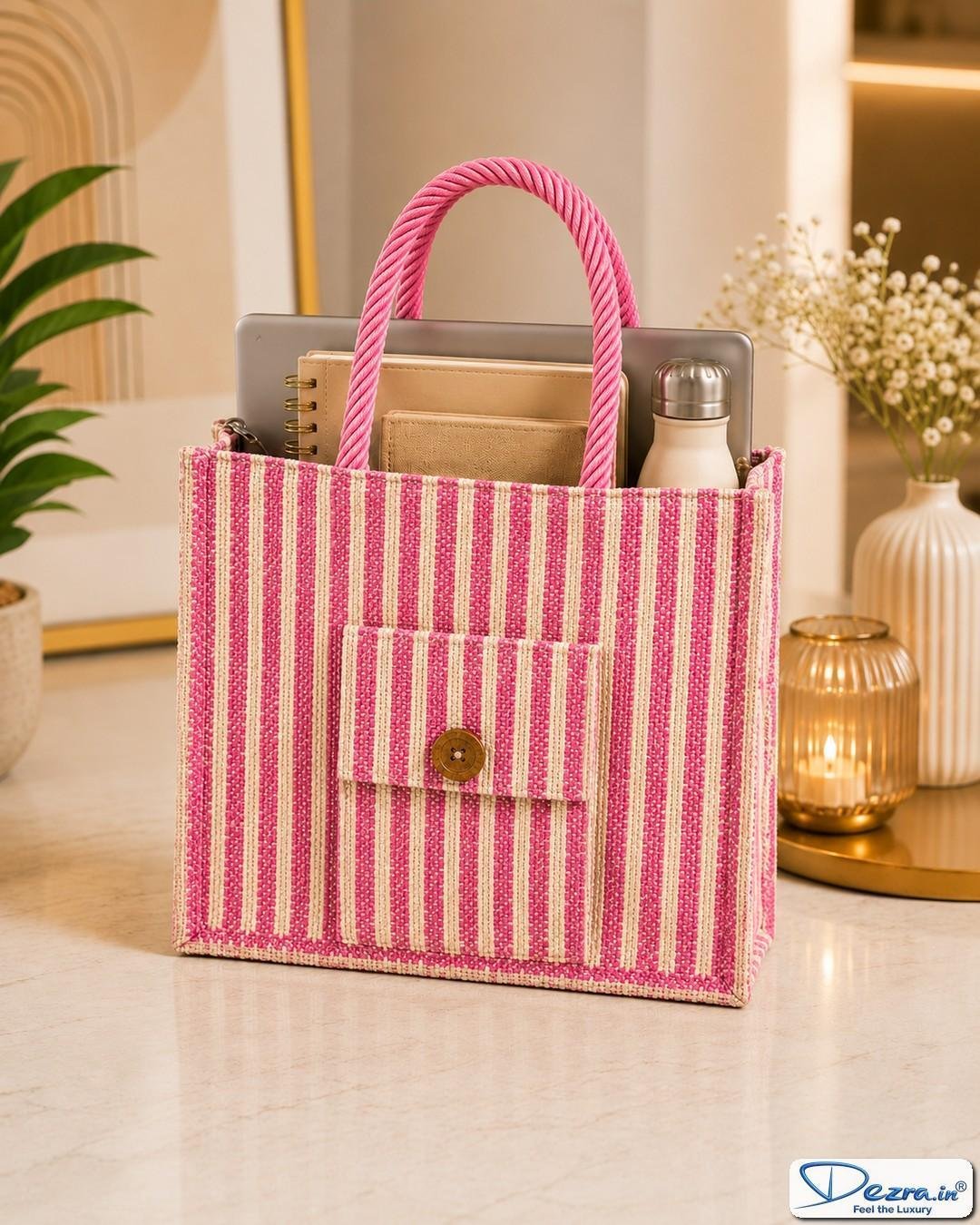 Premium Striped Jute Return Gift Bags with Pocket & Zipper | Eco-Friendly Custom Bags for All Events & Functions - Image 4