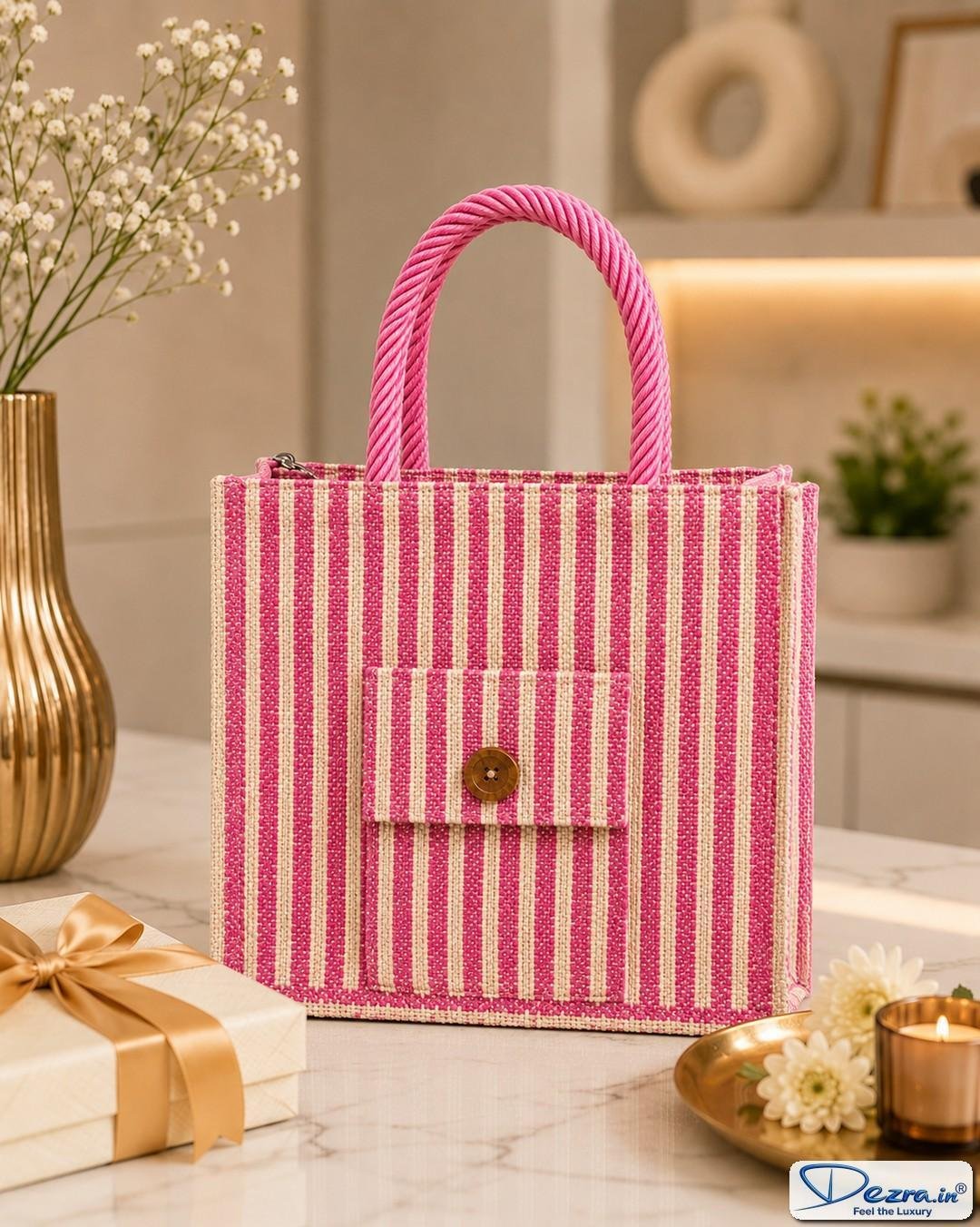Premium Striped Jute Return Gift Bags with Pocket & Zipper | Eco-Friendly Custom Bags for All Events & Functions - Image 5