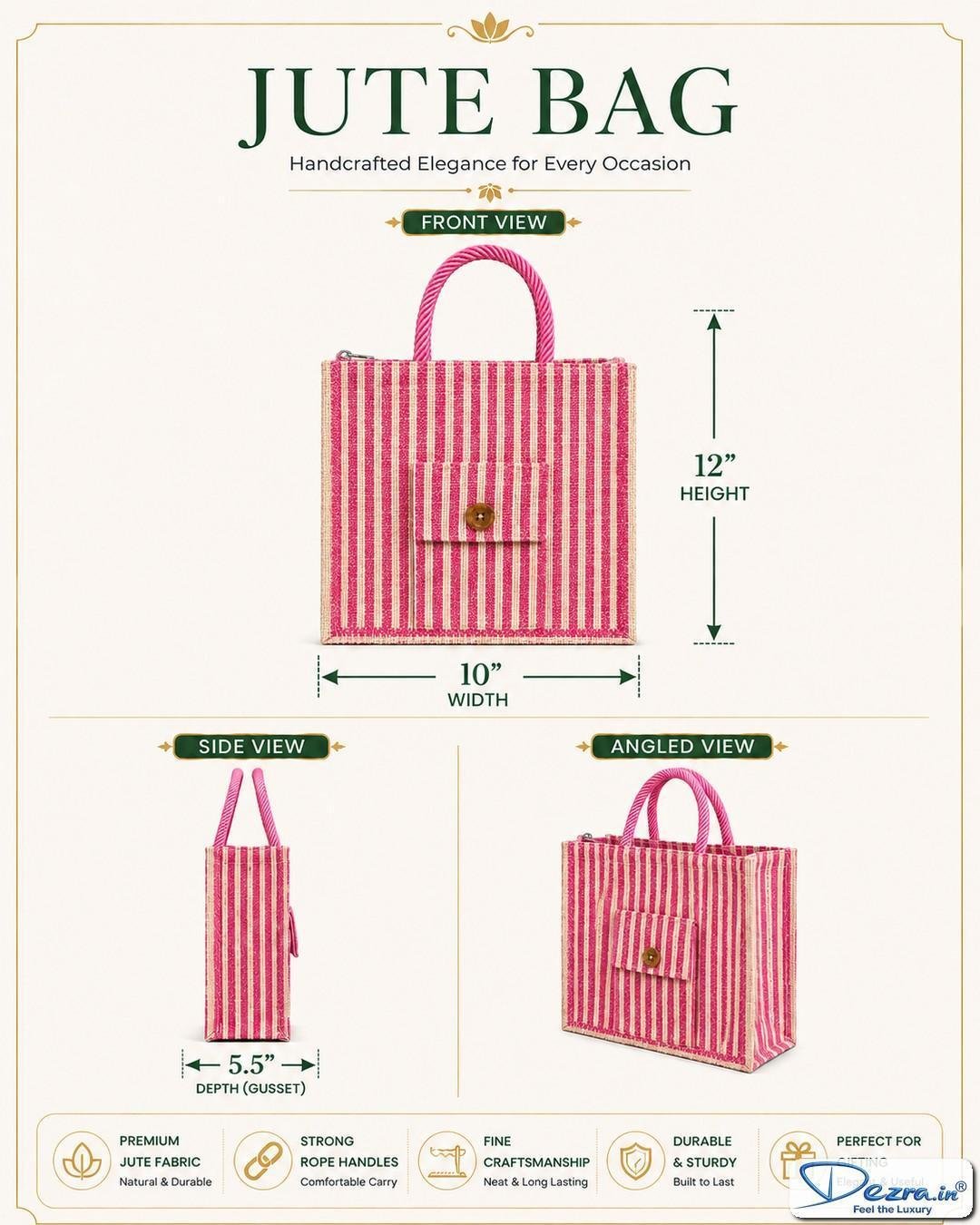 Premium Striped Jute Return Gift Bags with Pocket & Zipper | Eco-Friendly Custom Bags for All Events & Functions - Image 6