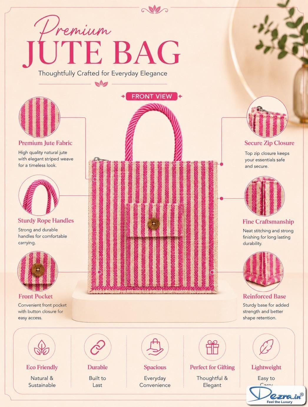 Premium Striped Jute Return Gift Bags with Pocket & Zipper | Eco-Friendly Custom Bags for All Events & Functions - Image 7